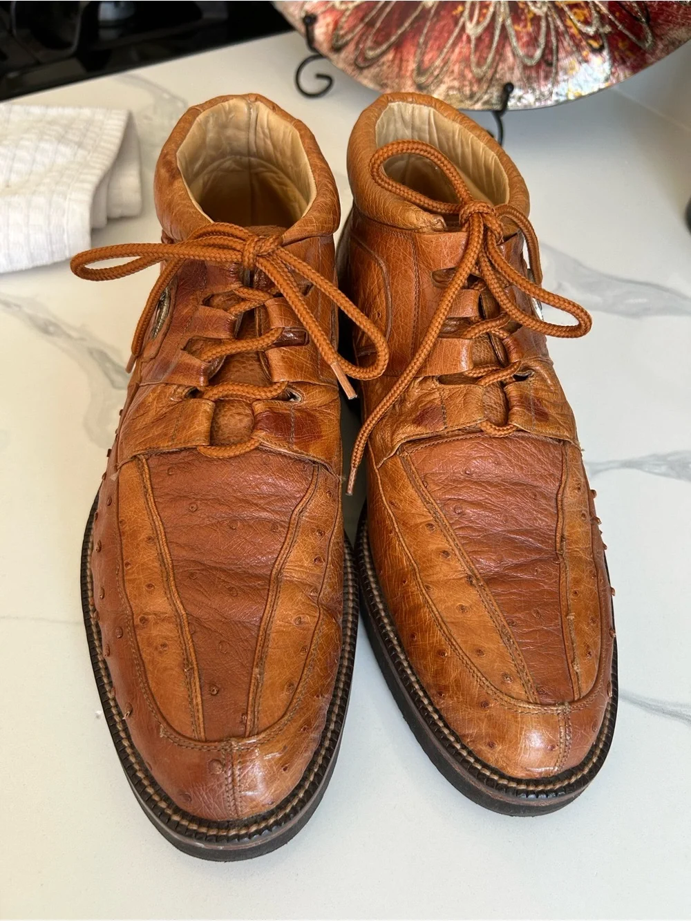 Mexico Cuadra Men's Tan Ostrich Leather Lace-Up Casual Boots. Size 7